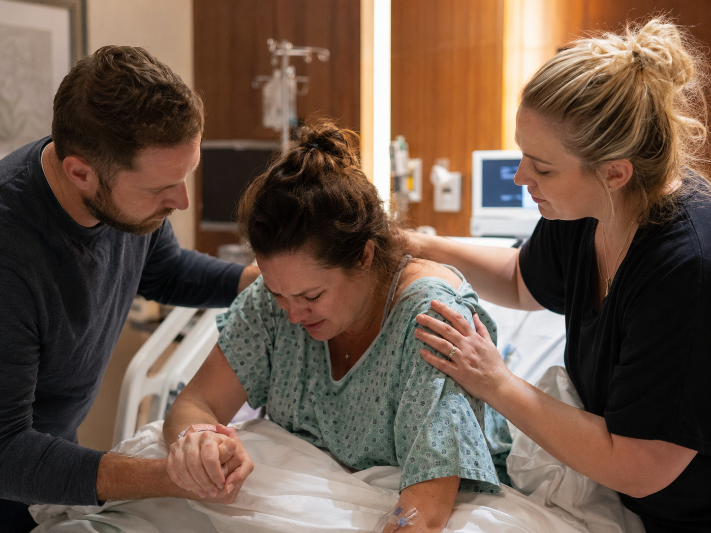 Birth doula supporting a laboring mother alongside her partner
