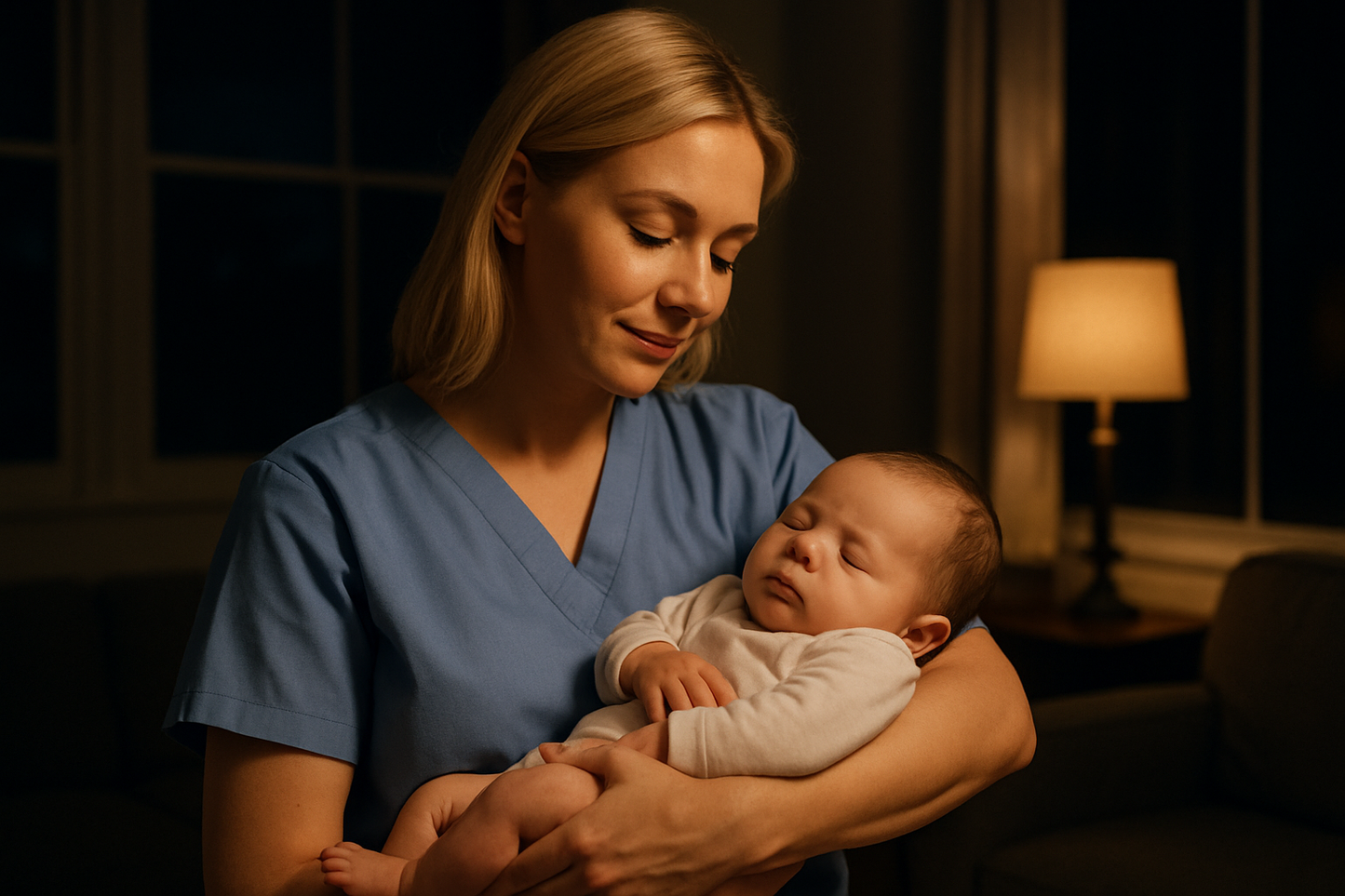 can you make the nurse blond, and have the whole room be darker like it's night outside